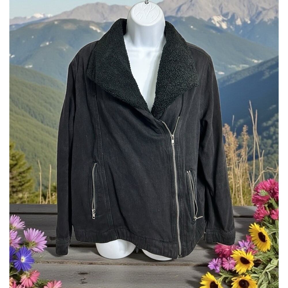 Time and Tru Black Denim Moto Jacket Sz Large 12/14 Sherpa Lined Full Zip Warm